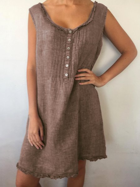 

Women Plain Summer Crew Neck Sleeveless Gathered Linen Cotton Dress, Khaki, Mini Dresses
