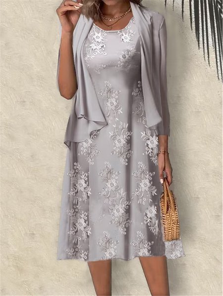 

Elegant Crew Neck Regular Fit Two-Piece Set, Gray, Suit Set