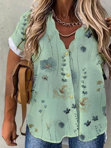 

Plus Size Printing Casual Loose Floral Blouse, Green, TOPS