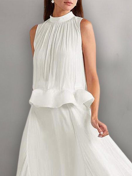 Plain Stand Collar Loose Elegant Shirt, White, Blouses and Shirts