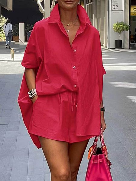 

Urban Loose Plain Shirt Collar Blouse, Red, Blouses and Shirts