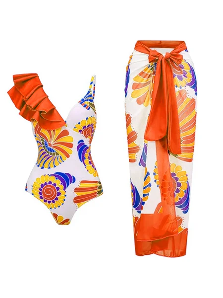 

Elegant Floral Printing V Neck One Piece With Cover Up, Orange, One-Pieces