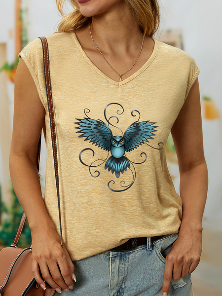 

Women’s Animal Bird Owl V Neck Cotton Casual Tank Top, Khaki, Tank Tops