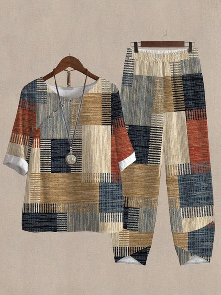 

Loose Casual Geometric V Neck Two-Piece Set, Khaki, Suit Set