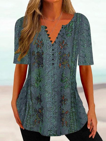 

Loose Ethnic V Neck Vacation Shirt, Blue, Shirts & Blouses