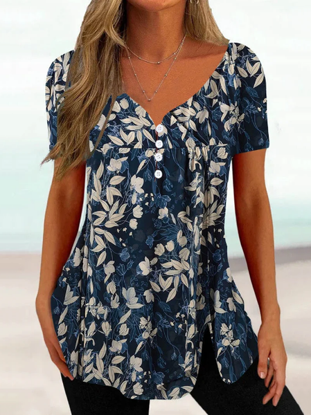 

Knitted Casual V Neck Floral Shirt, Dark blue, Shirts & Blouses