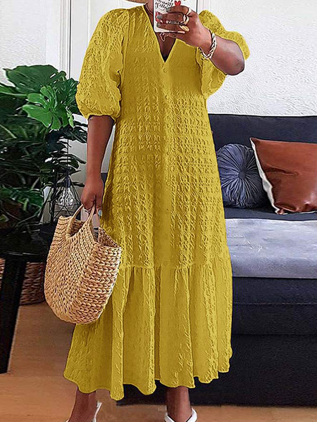 

Loose Vacation V neck Short sleeve Plain Long Dress, Yellow, Maxi Dresses