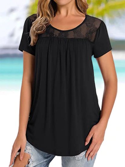 

Lace Stitching Knitted Loose Casual T-Shirt, Black, T-Shirts