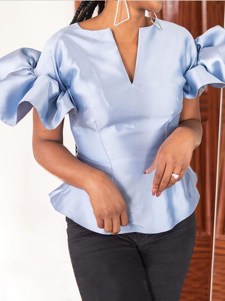 

Regular Fit Lightweight Elegant V Neck Short sleeve Shirt, Blue, Blouses and Shirts