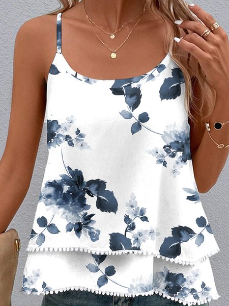 

Floral Casual Spaghetti Loose Cami, White-blue, Tank Tops & Camis