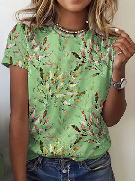 

Floral Loose Casual Crew Neck T-Shirt, Green, T-Shirts