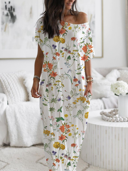 

Jersey Floral Casual Crew Neck Dress With No, White, Dresses