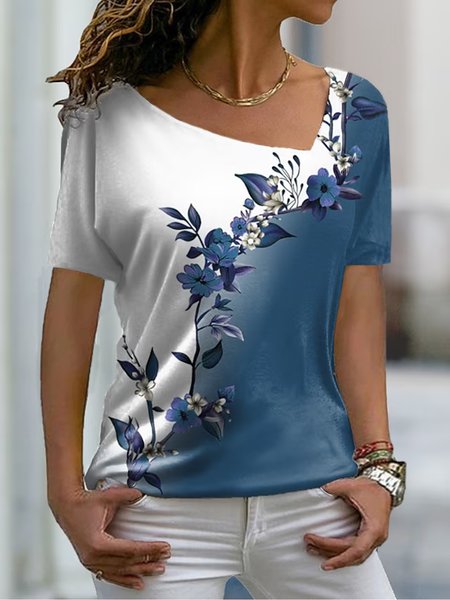 

Asymmetrical Casual Floral Loose Shirt, Blue, Shirts & Blouses
