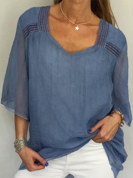 

Women Plain Sweetheart Neckline Three Quarter Sleeve Loose Tunic Top, Blue, Tunics