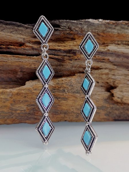 

Vintage Rhombus Turquoise Long Earrings Ethnic Casual Women's Jewelry, Black-silver, Earrings