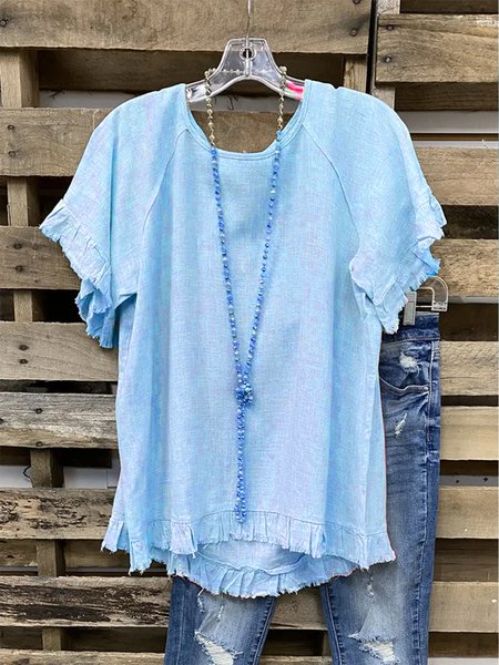 

Khaki Casual Plain Linen T-shirt, Blue, Tops