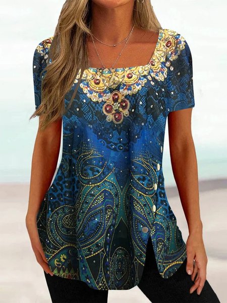 

Casual Ethnic Loose Square Neck Shirt, Blue, Shirts & Blouses