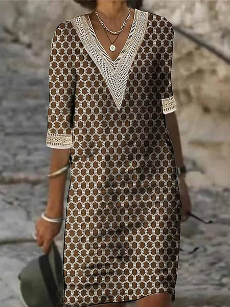 

Casual Loose V Neck Dress With No, Camel, Dresses