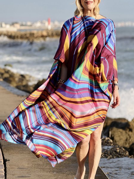 

Three Quarter Vacation Boat Neck Striped Loose Dress With No, Purple, Maxi Dresses