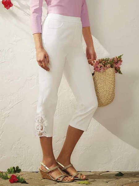 

Lace Tight Knitted Casual Leggings, White, Leggings