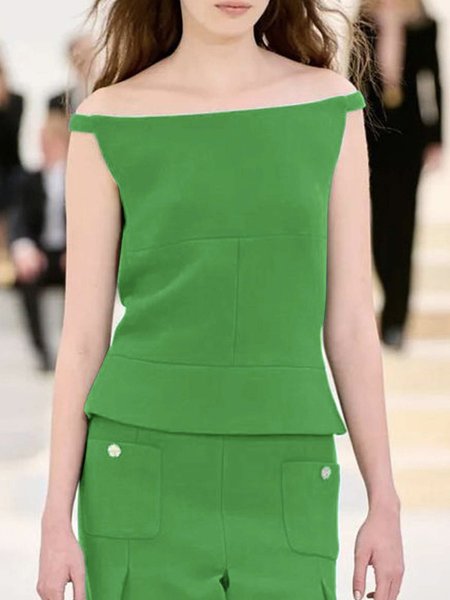 

Regular Fit Plain Cold Shoulder Elegant Shirt, Green, Blouses and Shirts