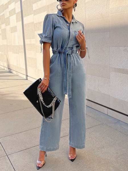 

Regular Fit Denim Urban Short Sleeve Plain Jumpsuit, Blue, DENIM