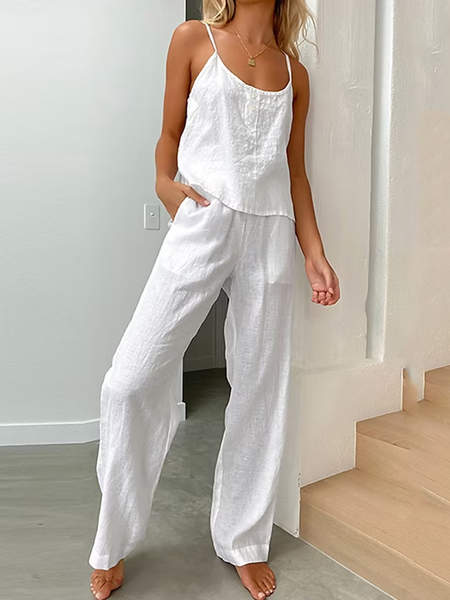 

Cotton Vacation Plain Two-Piece Set, White, Basic Dresses