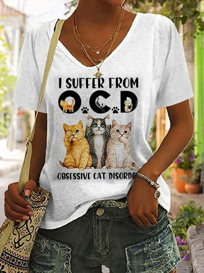 

Fun Animal Design Loose V-Neck Knitted T-Shirt, White, T-Shirts
