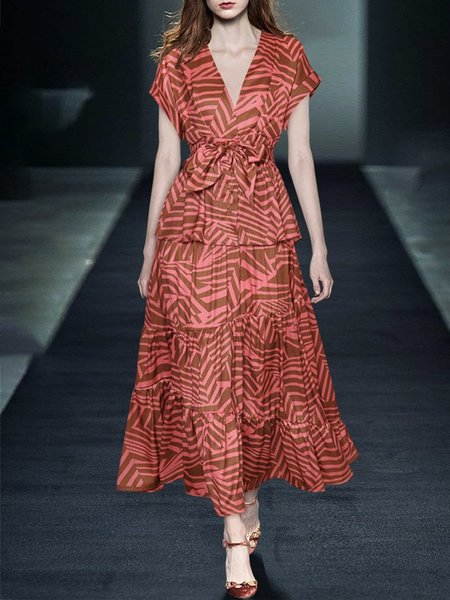 

V Neck Elegant Regular Fit Striped Dress With Belt, Red, Midi Dresses