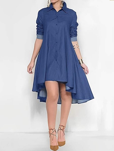 

Shirt Collar Urban Loose Irregular Craftsmanship Dress, Blue, Mini Dresses