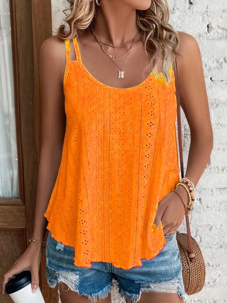 

Plain Solid Eyelet Embroidery Cami Casual Cami, Orange red, Tanks & Camis