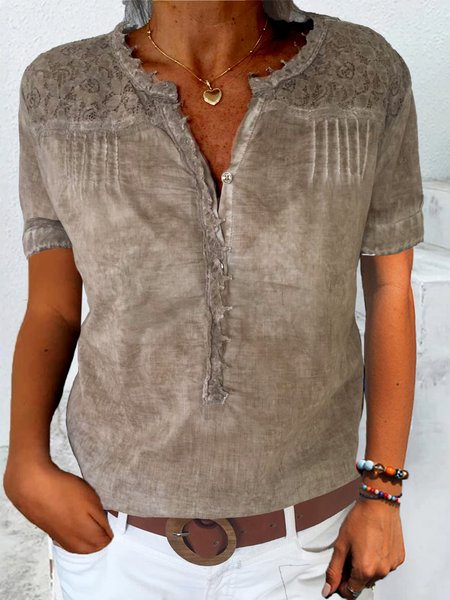 

Women Elegant Lace Linen Loose V Neck Blouse, Khaki, Blouses & Shirts
