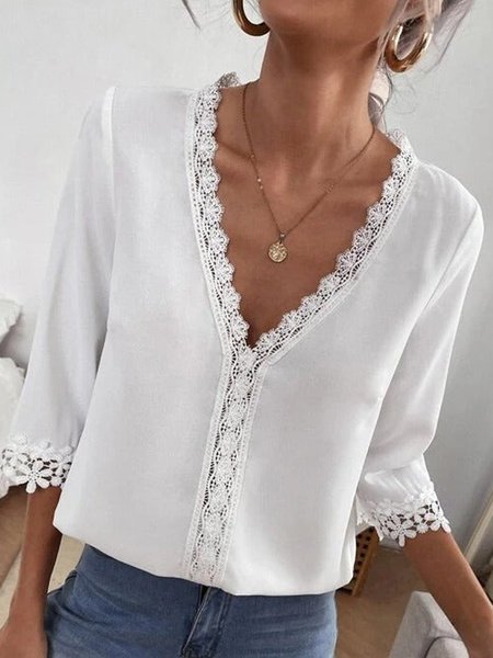 

V Neck Casual Lace Edge Plain Shirt, White, Shirts & Blouses