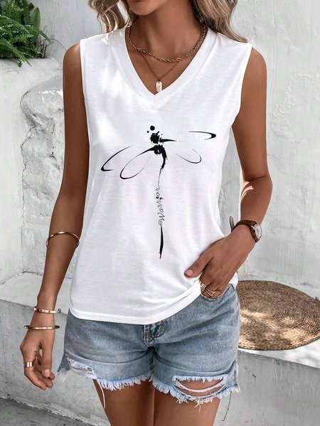 

Women's Sleeveless Tank Top Camisole Summer Dragonfly Jersey V Neck Daily Going Out Casual Top White, Tanks & Camis