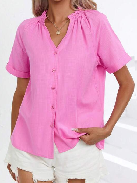 

Cotton V Neck Plain Casual Blouse, Rose red, Shirts & Blouses