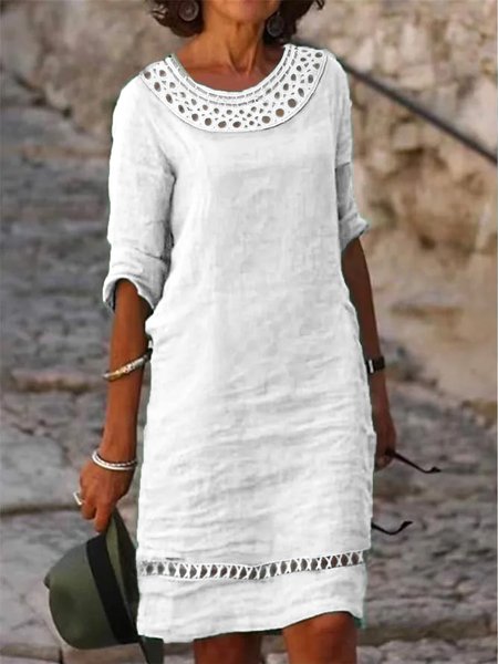 Plain Crew Neck Lace Vacation Linen Dress, White, Dresses