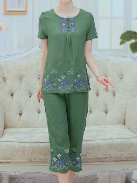 

Cotton And Linen Pajama Set, Darkgreen, Sleepwear&Robes