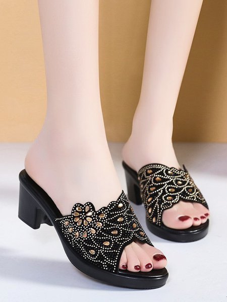 

Summer Elegant Plain Chunky Heel Slide Sandals, Black, Sandals