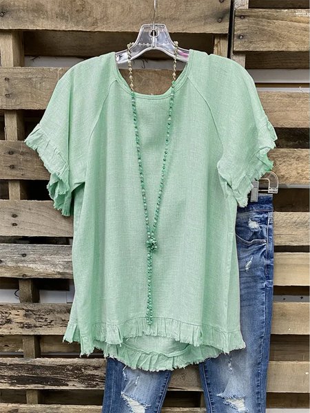 

Khaki Casual Plain Linen T-shirt, Light_green, Tees & T-shirts