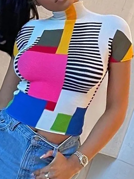 

High Elasticity Tight Urban Stand Collar Short sleeve Shirt Collar T-Shirt, As picture, Tees