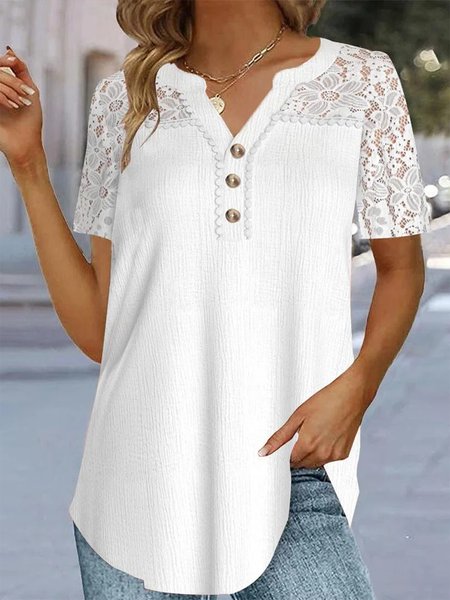

Lace Plain Loose Casual Shirt, White, Shirts & Blouses