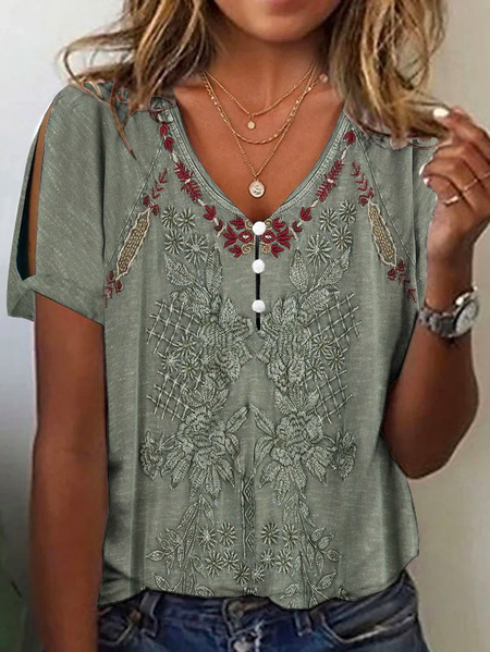 

Casual V Neck Ethnic Buttoned Blouse, Green, Shirts & Blouses
