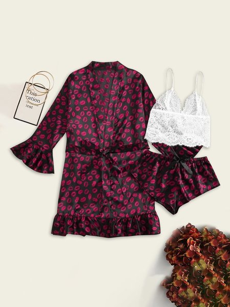 

Lace Floral Pajamas Three-Piece Set, Red, Loungewear & Sleepwear
