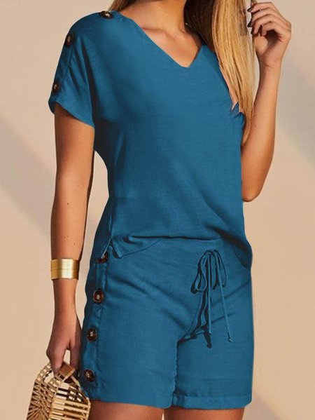 V Neck Casual Two-Piece Set, Deep blue, Sets