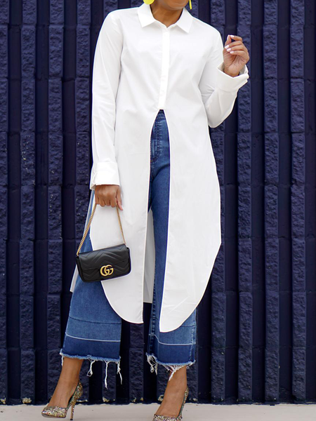 

Loose Plain Urban Shirt Collar Long sleeve Mid-long Blouse, White, Blouses and Shirts