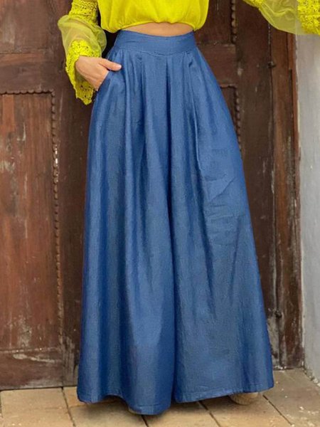 

Plain Loose Casual Faux Denim Wide Leg pants, Blue, Jeans