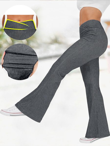 

Plain Casual Loose High Waisted Crossover Stretchy Knit Denim Casual Flare Pants, Gray, Pants