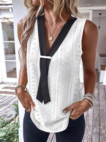 

Fake Tie Patch Eyelet Embroidery Tank Top, White, Tanks & Camis