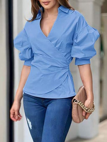 

V Neck Urban Plain Short Sleeve Blouse, Blue, Blouses and Shirts