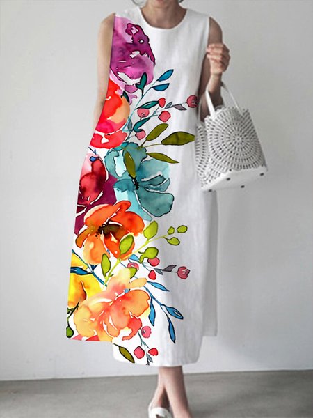 

Loose Crew Neck Floral Vacation Sleeveless Dress, White, Maxi Dresses